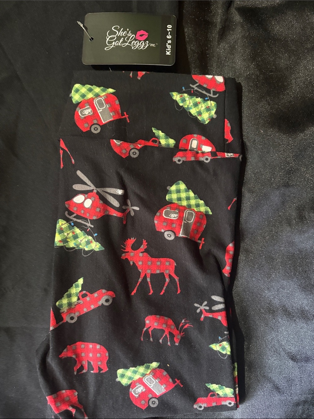 She's Got Leggz Kids Black Holiday Camper & Moose Leggings